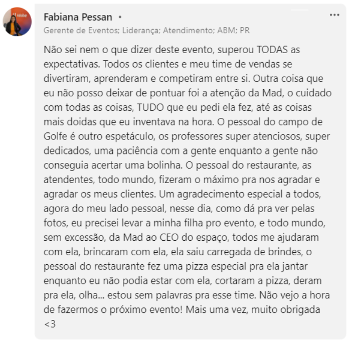 Depoimennto Fabiana Pessan - Clínica ade Golfe Adobe - Madi Eventos